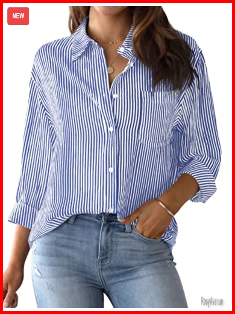 Womens Striped Button Down Shirt Cotton Blend Long Sleeve Collared Work Blouse